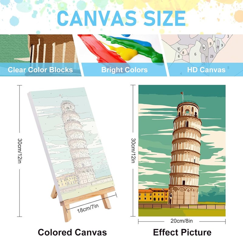 Offito 4 Pack Framed Paint by Numbers Kit for Adults Beginners with Wooden Easel, Cityscape Easy Paint by Number Kit with Frame, Watercolor Adult Paint by Number Framed Canvas (8 * 12 Inch) - Image 3